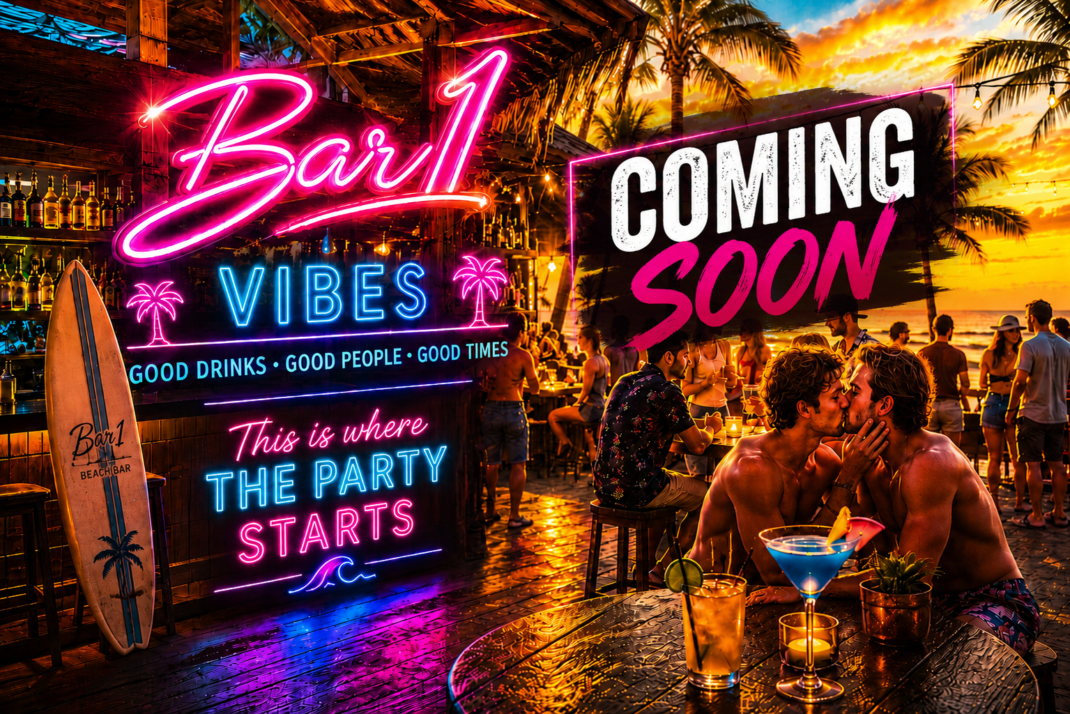 Bar1 Vibes-images of interior of bar and patio with people having fun. Coming Soon.