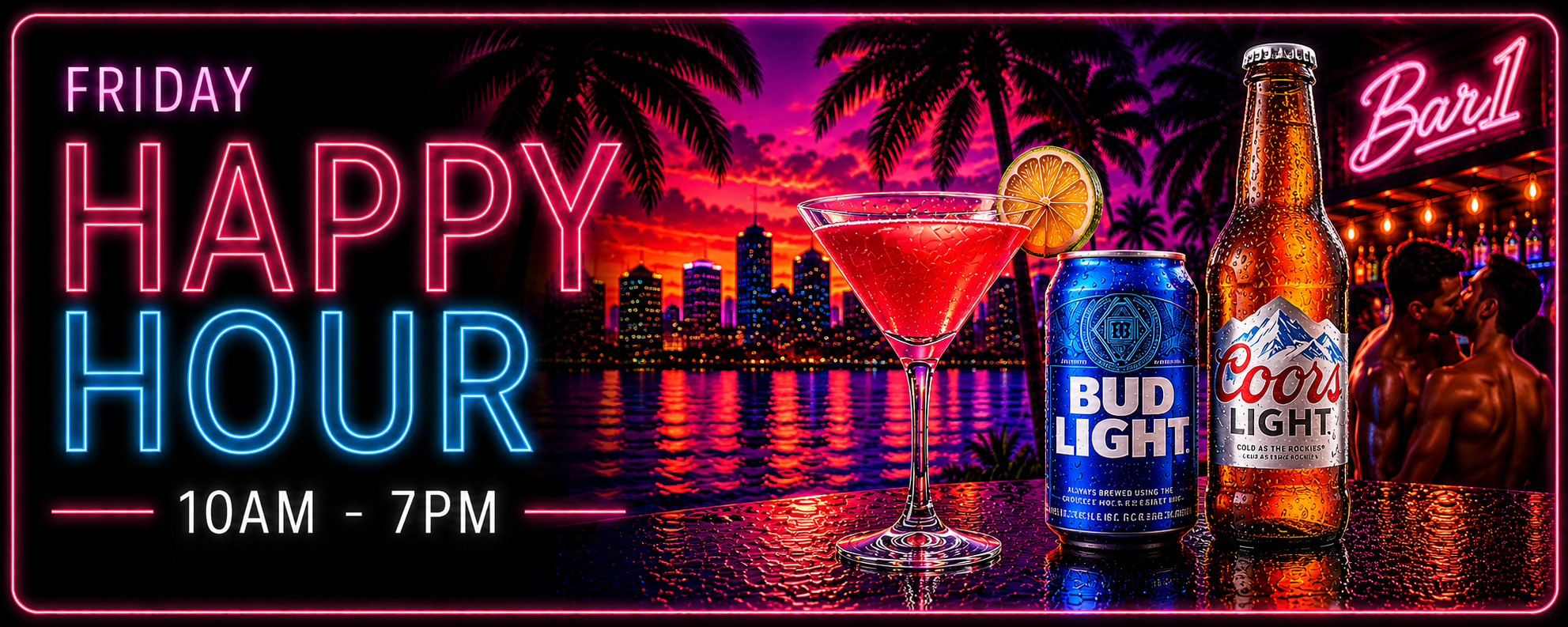 Friday drink specials at Bar1 Phoenix: [$3 Bud Lt Drafts 10am-7pm], [$3 Domestic Bottles 10am-7pm], [$3 Wells 10am-7pm].