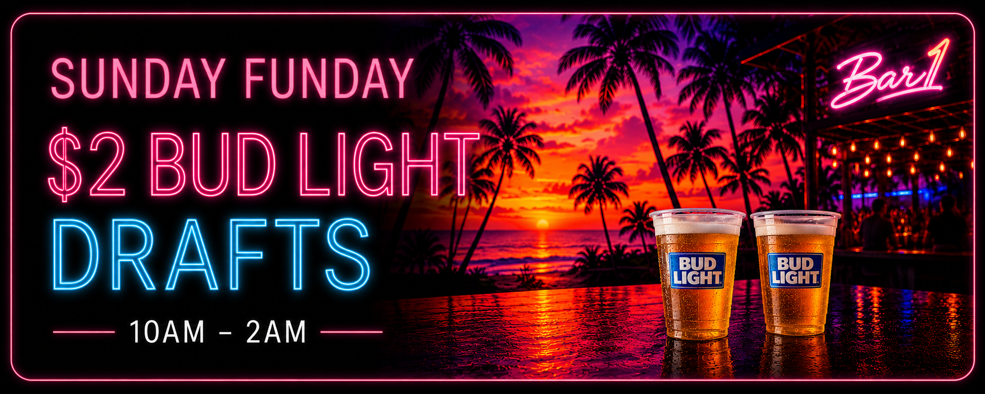 Sunday Funday drink specials at Bar1 Phoenix: [$2 Bud Lt Drafts 10am-2am], [$12 Champagne Bottles 10am-3pm], [$6 Bloody Mary's 10am-3pm].