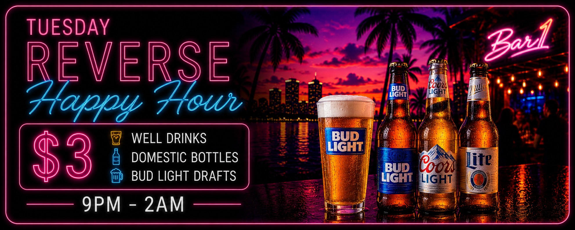 Tuesday drink specials at Bar1 Phoenix: [$3 Bud Lt Drafts 9p-2am], [$3 Domestic Bottles 9pm-2am], [$3 Wells 9pm-2am].