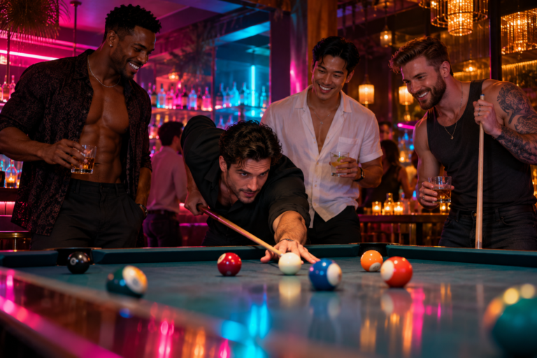 Friends playing pool at Bar1 under colorful neon lights and chandeliers